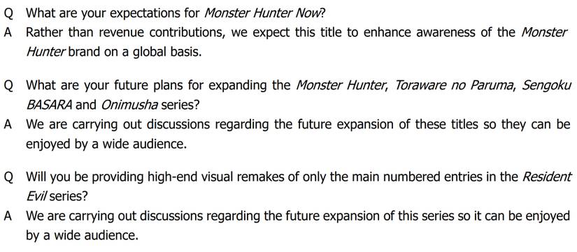 Capcom 44th annual shareholders meeting Q and A highlights on Monster Hunter Now Onimusha and Resident Evil