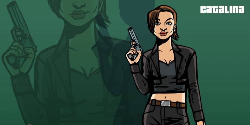 catalina wearing leather suit, holding a gun