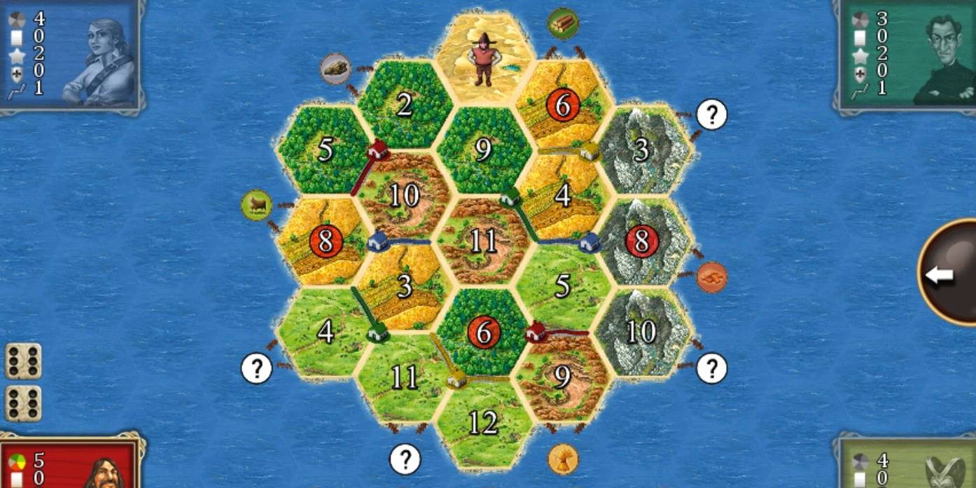 A four-player game of Catan Classic, with numbers labeled on each tile 