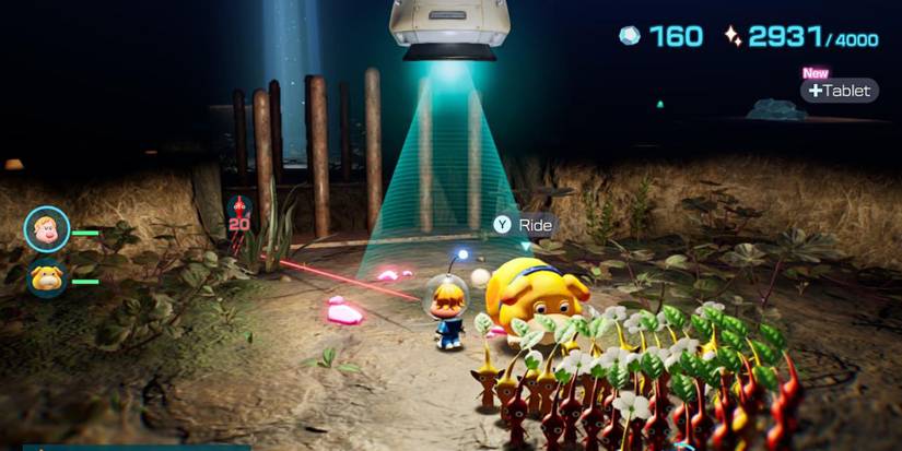 A screenshot from Pikmin 4 showcasing a player, Oatchi and a herd of Pikmin within a cave.