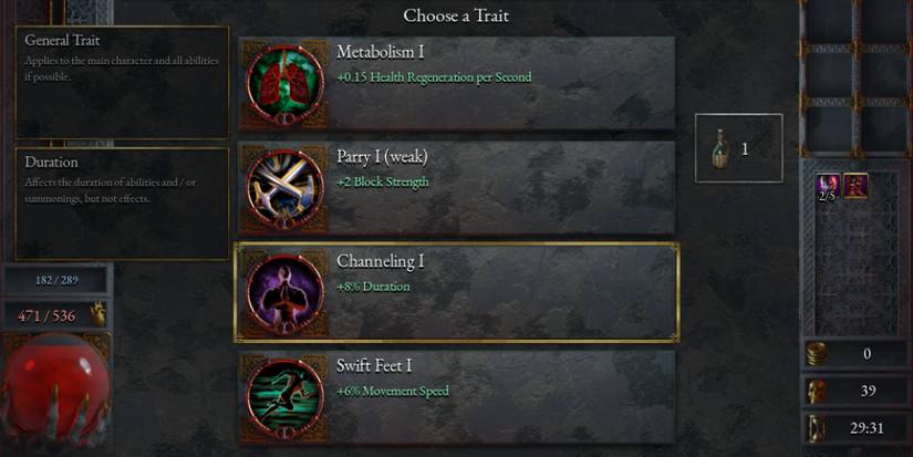 The Channeling trait as it appears in the level-up menu in Halls of Torment