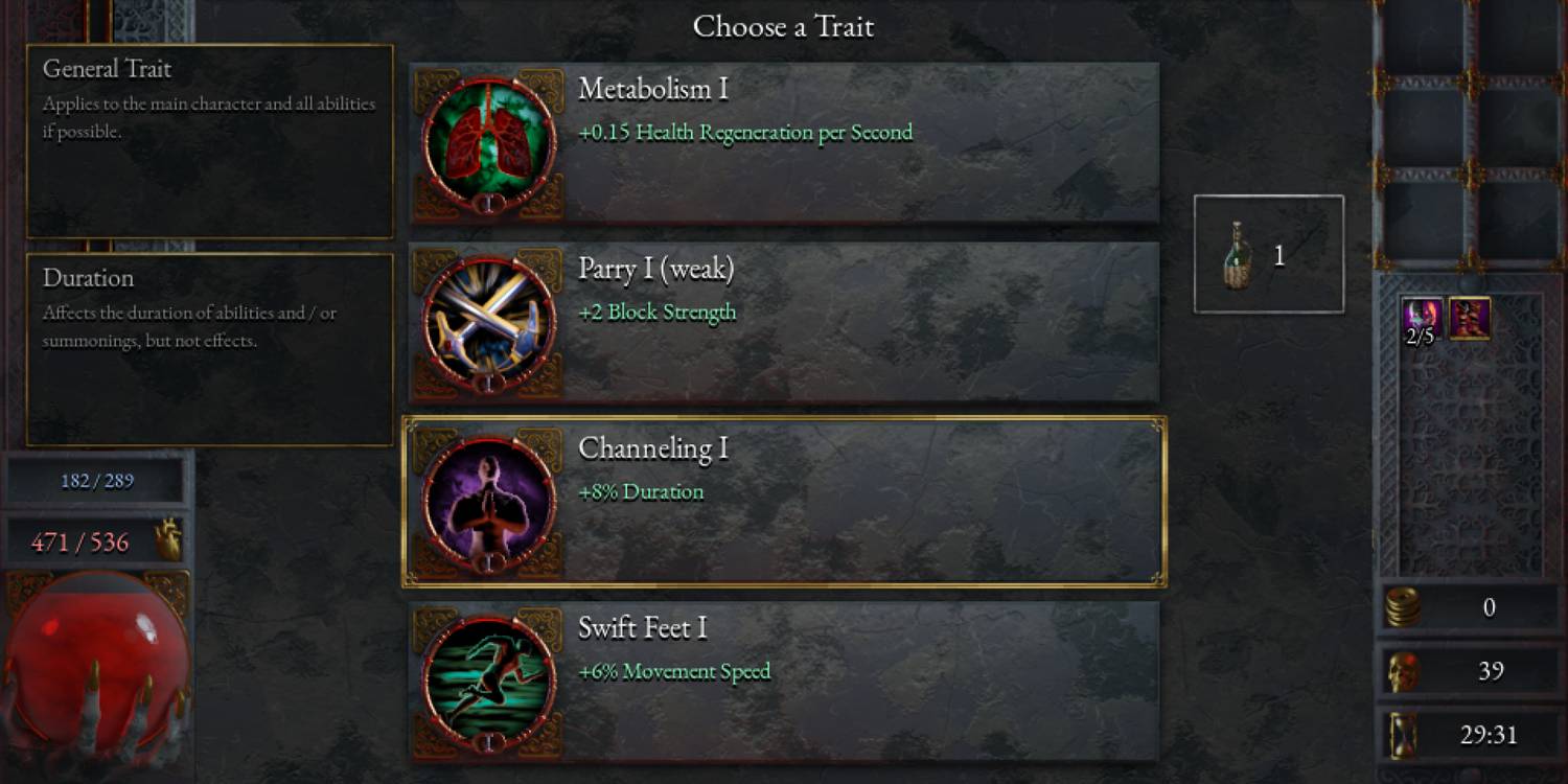 The Channeling trait as it appears in the level-up menu in Halls of Torment