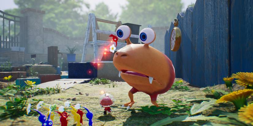 A screenshot from Pikmin 4 showcasing the player and their pikmin encountering a red bulborb.