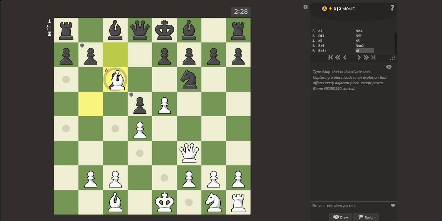A screenshot showing a game of Atomic Chess.