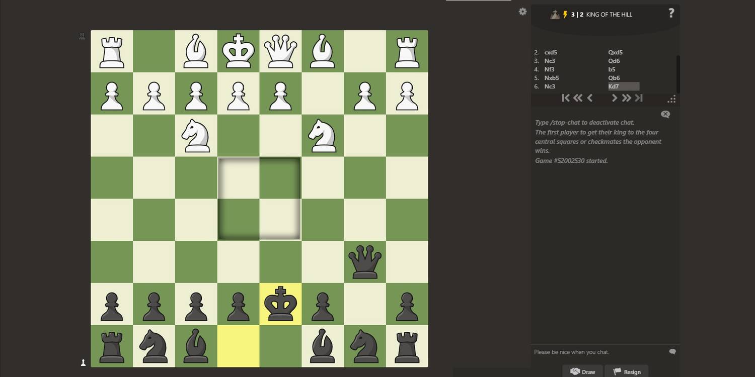 The King of the Hill chess variant, with the center marked.