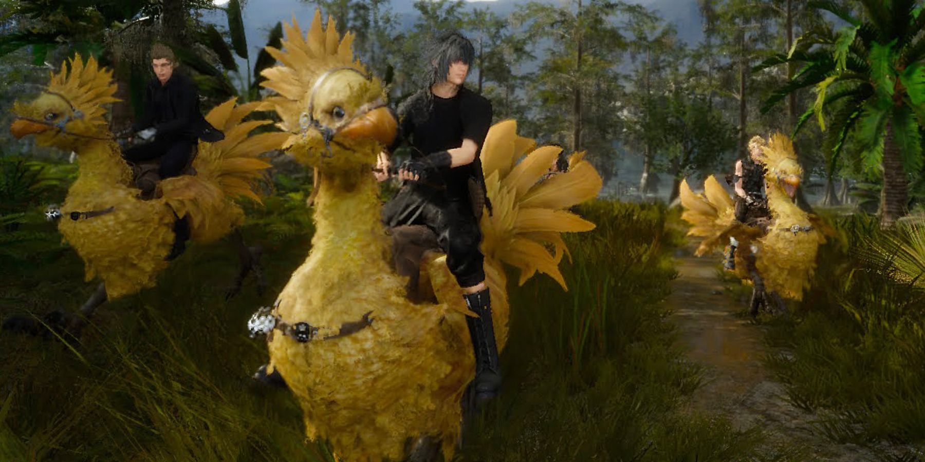Noctis and friends riding chocobos