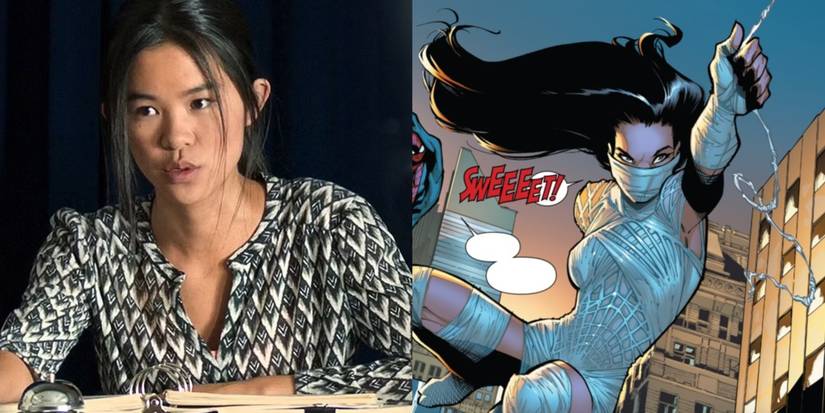 A split image features Tiffany Espensen as Cindy Moon in Spider-Man: Homecoming and Silk in her first homemade webbing costume in Marvel comics