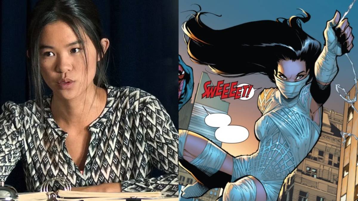 A split image features Tiffany Espensen as Cindy Moon in Spider-Man: Homecoming and Silk in her first homemade webbing costume in Marvel comics