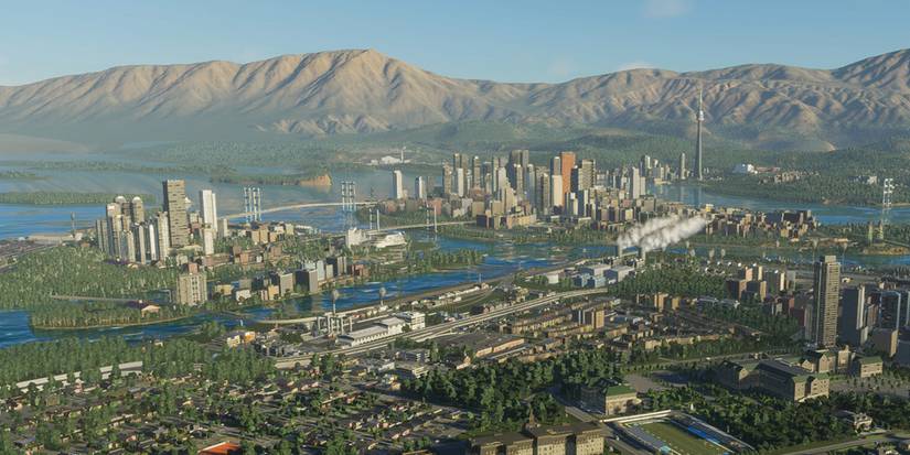 Cities Skylines 2 panoramic shot of sample city space needle