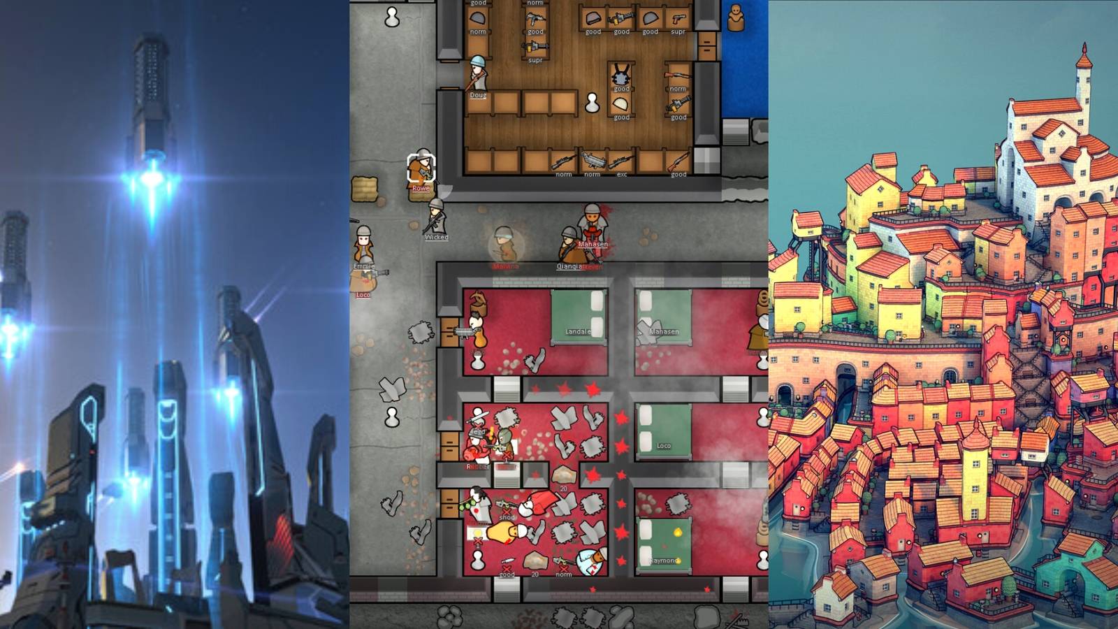 city in Dyson Sphere Program, city in RimWorld, city in Townscaper