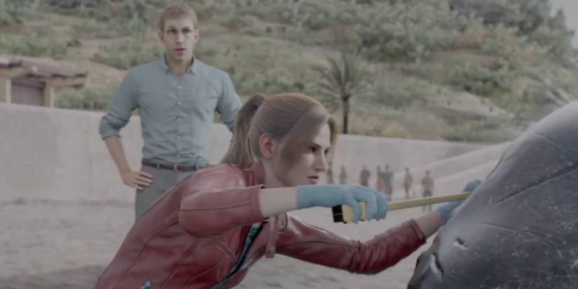 Claire analyzing a whale in Resident Evil Death Islan