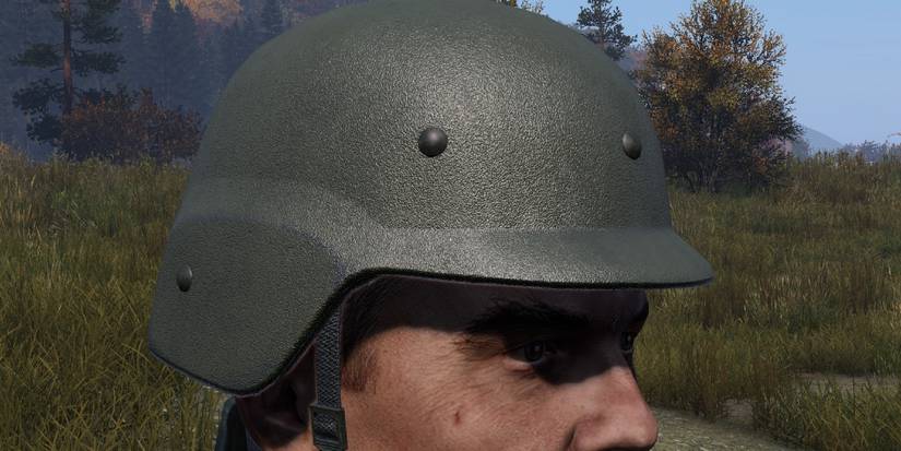Close-up of a character wearing a ballistic helmet