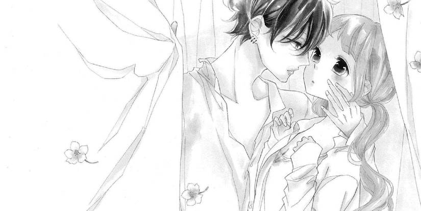 Manga panel from Colette Decides to Die, showing her looking up at a handsome young man.