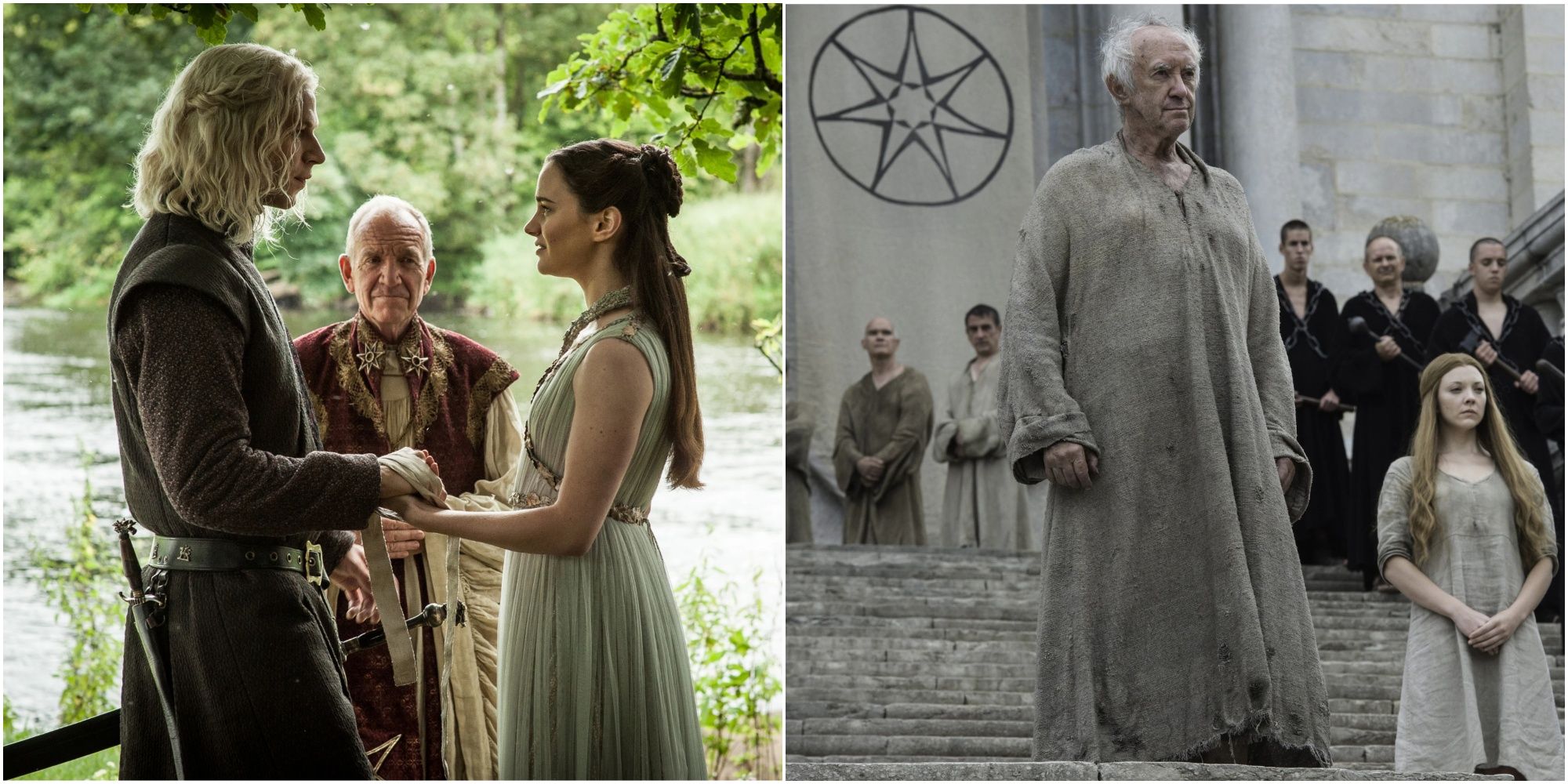 Split image of Rhaegar and Lyanna's wedding and the High Sparrow and Margaery in Game of Thrones.