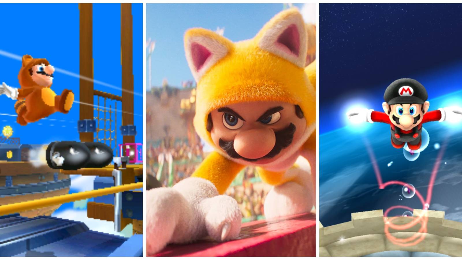 Tanooki mario, cat mario and red star mario