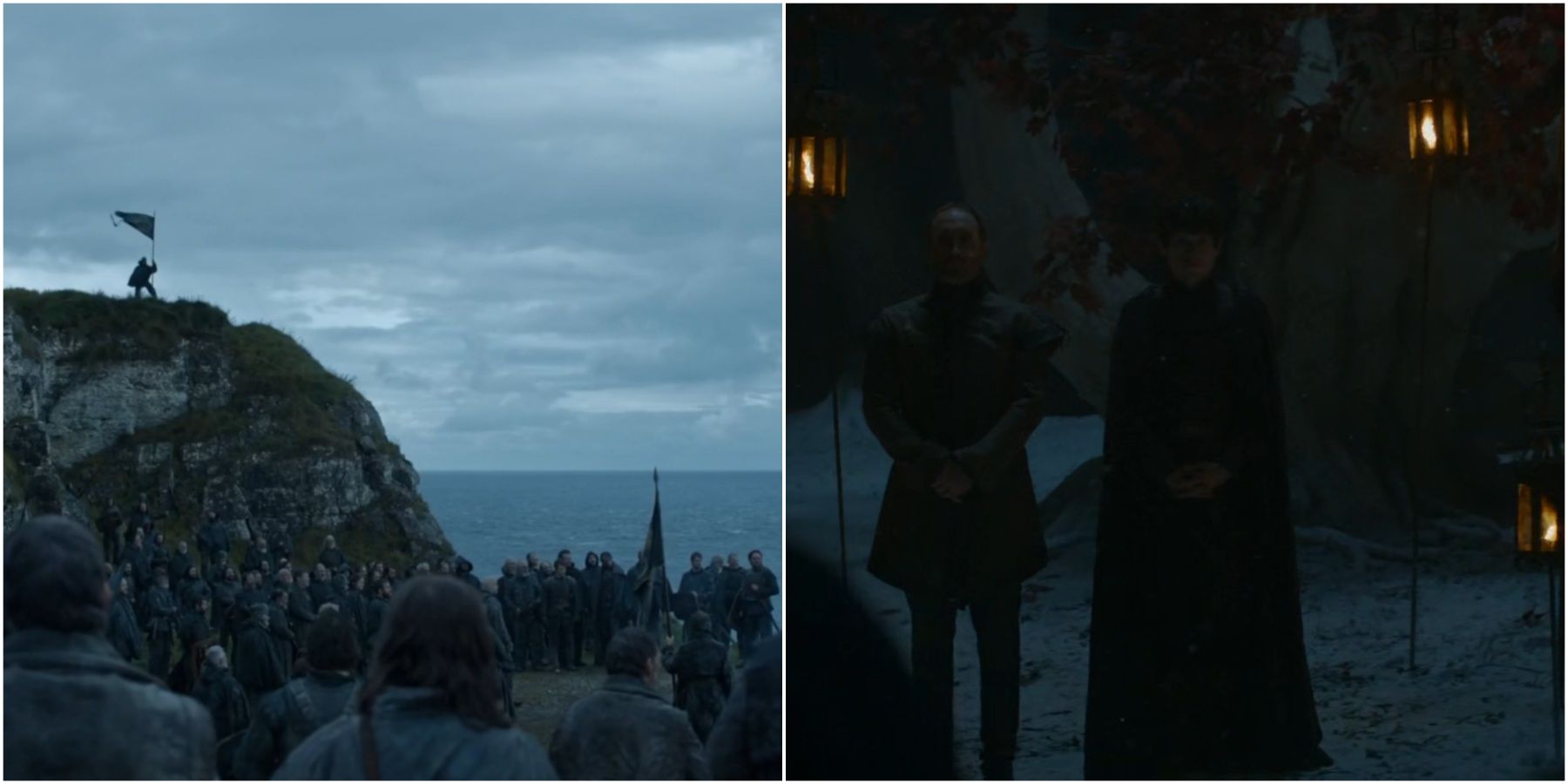 Split image of the Iron Islands and Roose and Ramsay Bolton in Game of Thrones.