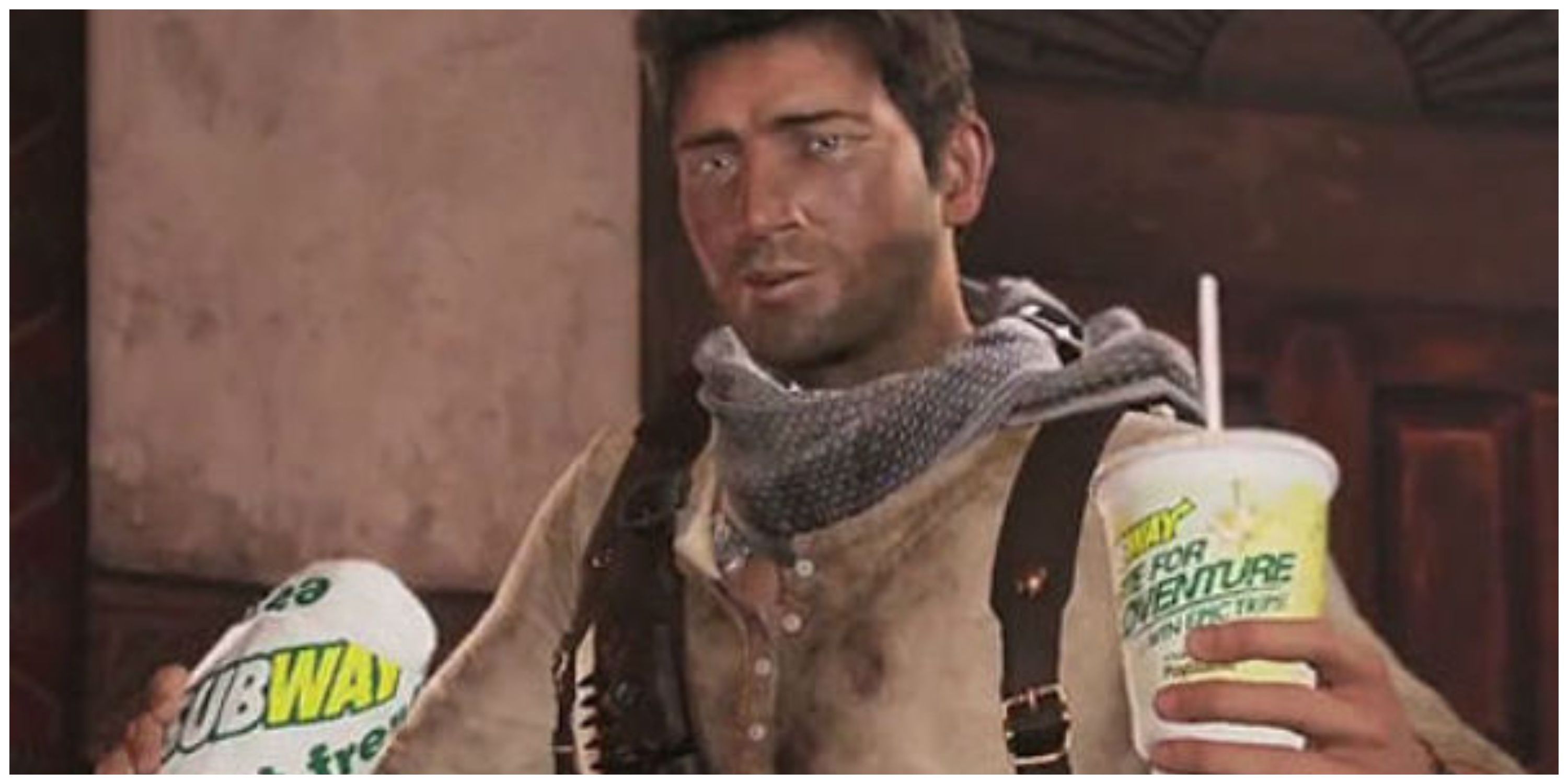uncharted 3 nathan drake with a subway meal