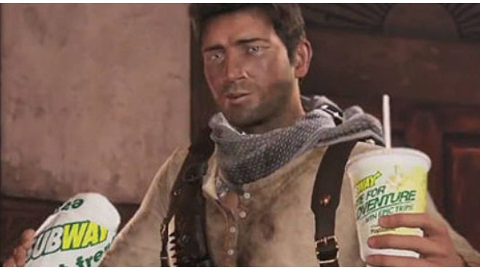 uncharted 3 nathan drake with a subway meal