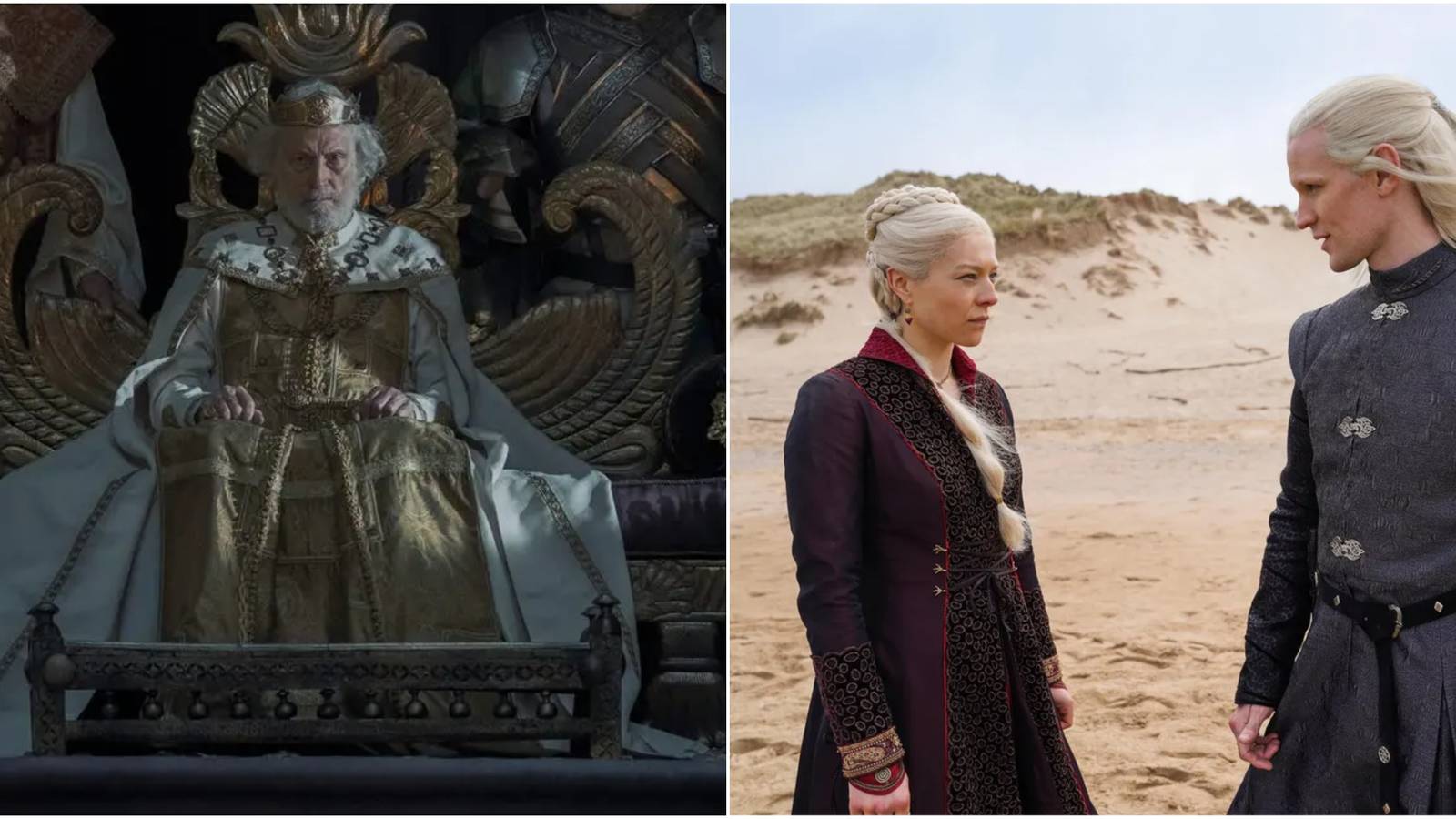 Split image of King Jaehaerys I and Princess Rhaenyra and Prince Daemon Targaryen in House of the Dragon.