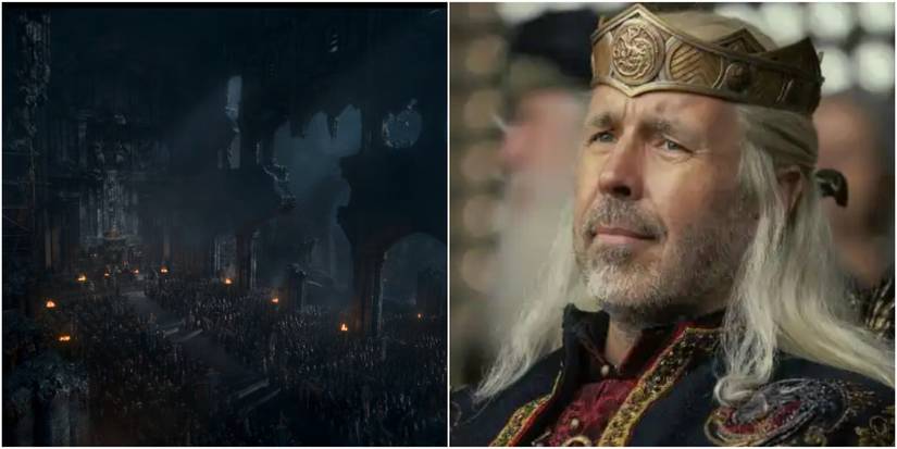 Split image of the Great Council held at the half-ruined castle of Harrenhal and King Viserys I Targaryen in House of the Dragon.