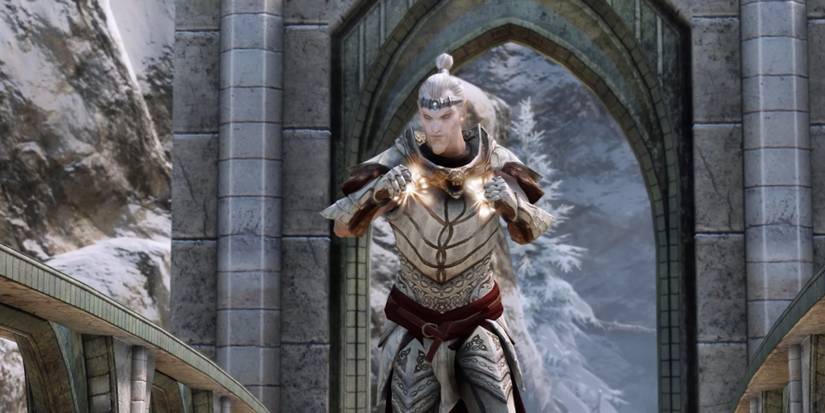 Ancient Falmer Armor wearing character wielding healing spell in Skyrim