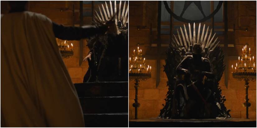 Split image of Jaime Lannister and the Mad King Aerys II and Jaime seated on the Iron Throne in Game of Thrones.