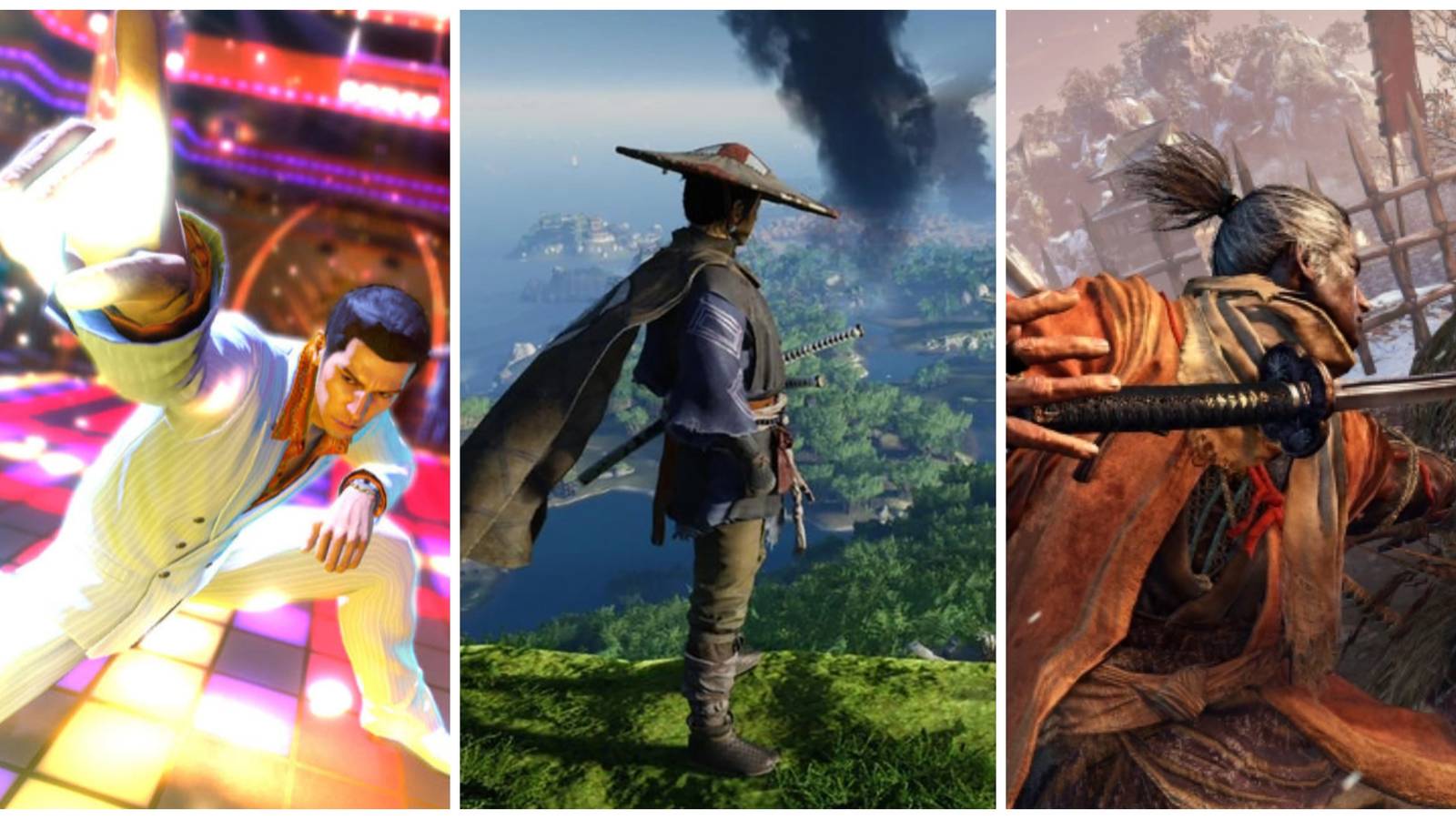 jin sakai in ghost of tsushima, kiryu dancing in yakuza 0, sekiro stabbing someone in sekiro