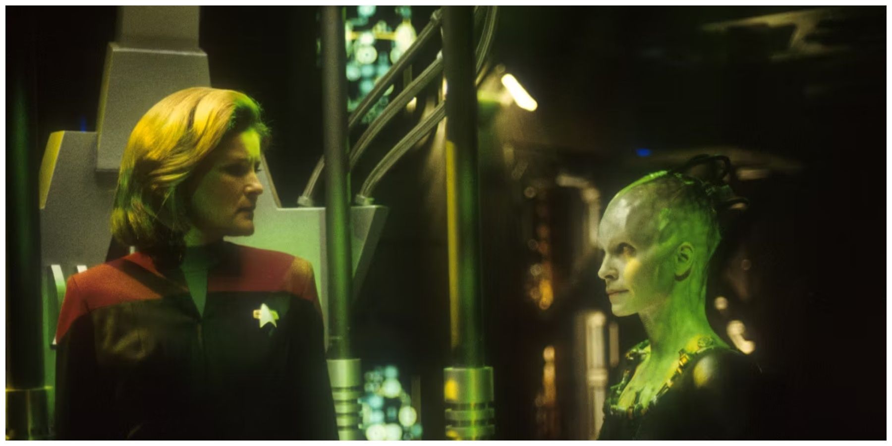 Kate Mulgrew as Kathryn Janeway. Alice Krige as the Borg Queen.