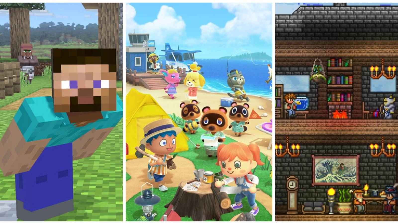 minecraft steve, animal crossing new horizons village, terraria house