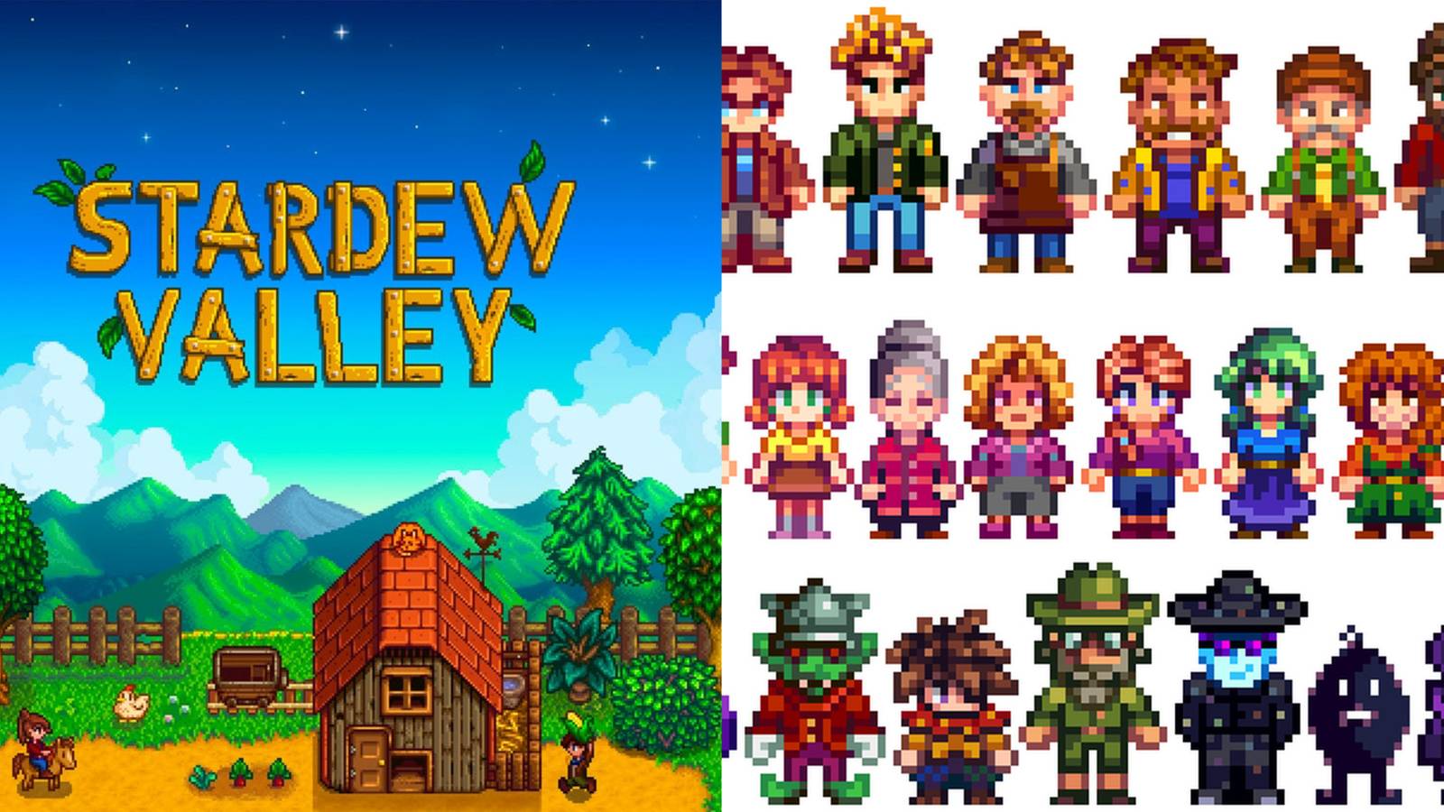 On the left, a clip showcasing the chicken hut in Stardew Valley and on the right, an image showcasing the various characters from Stardew Valley.