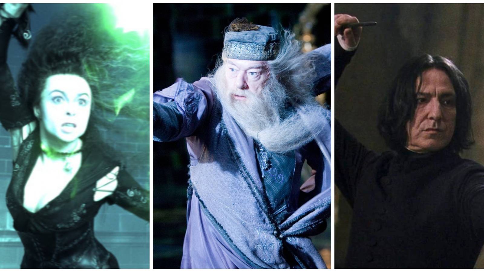 Helena Bonham Carter as Bellatrix Lestrange. Michael Gambon as Albus Dumbledore. Alan Rickman as Severus Snape.