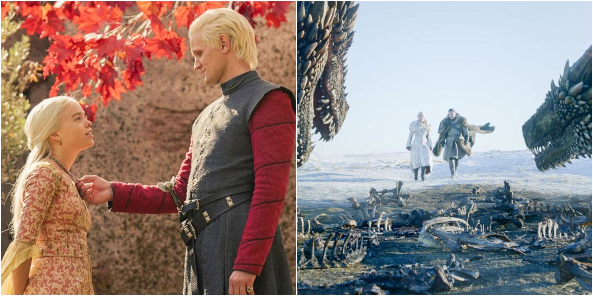 Split image of Prince Daemon and Princess Rhaenyra Targaryen in House of the Dragon and Daenerys Targaryen and Jon Snow in Game of Thrones. 