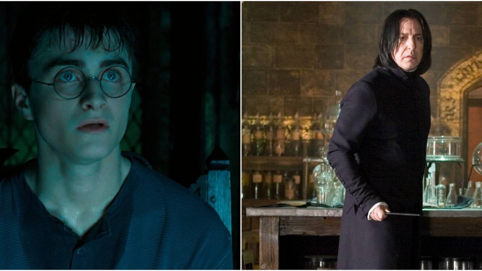 Split image of Harry Potter and Severus Snape in Harry Potter.