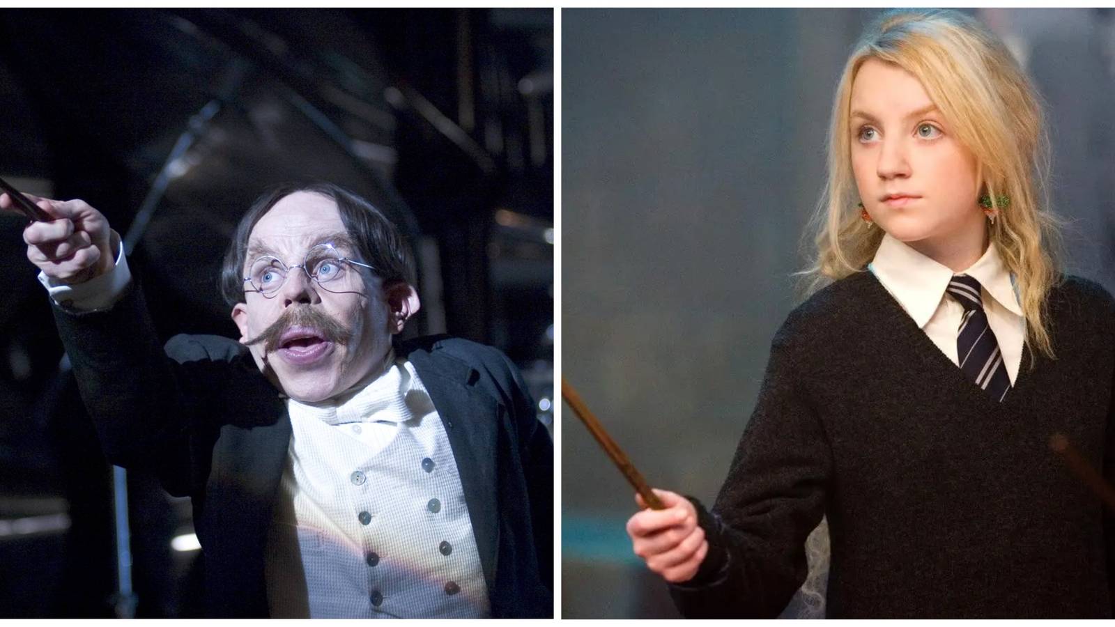 Warwick Davis as Filius Flitwick. Evanna Lynch as Luna Lovegood.
