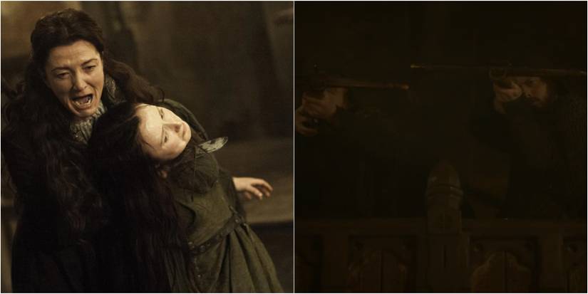 Catelyn Stark and Joyeuse and archers in the hall in Game of Thrones.