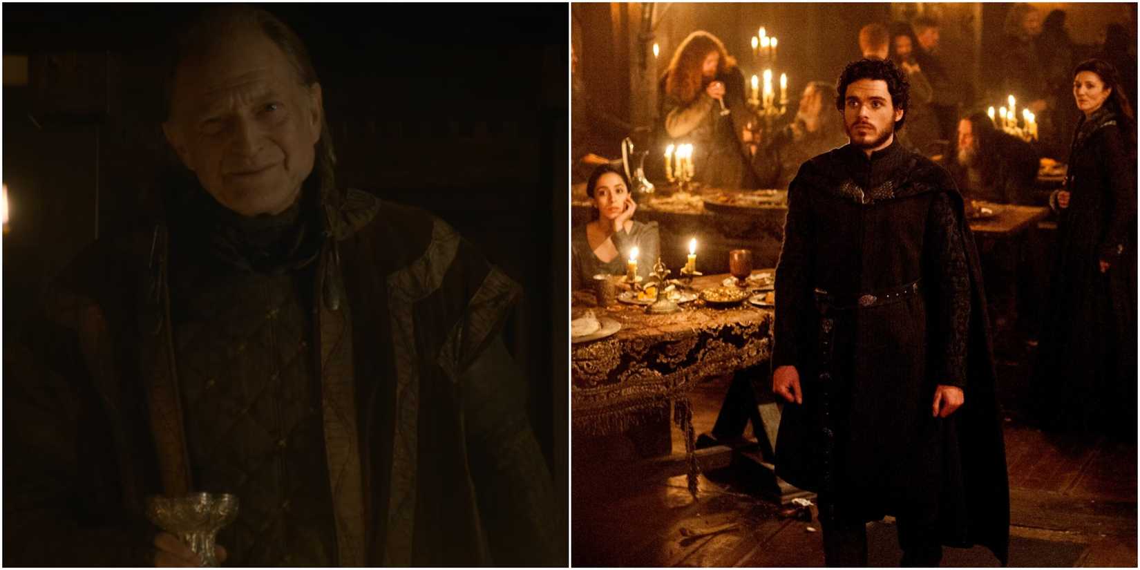 Split image of Walder Frey and Talisa Catelyn and Robb Stark at the Red Wedding in Game of Thrones.