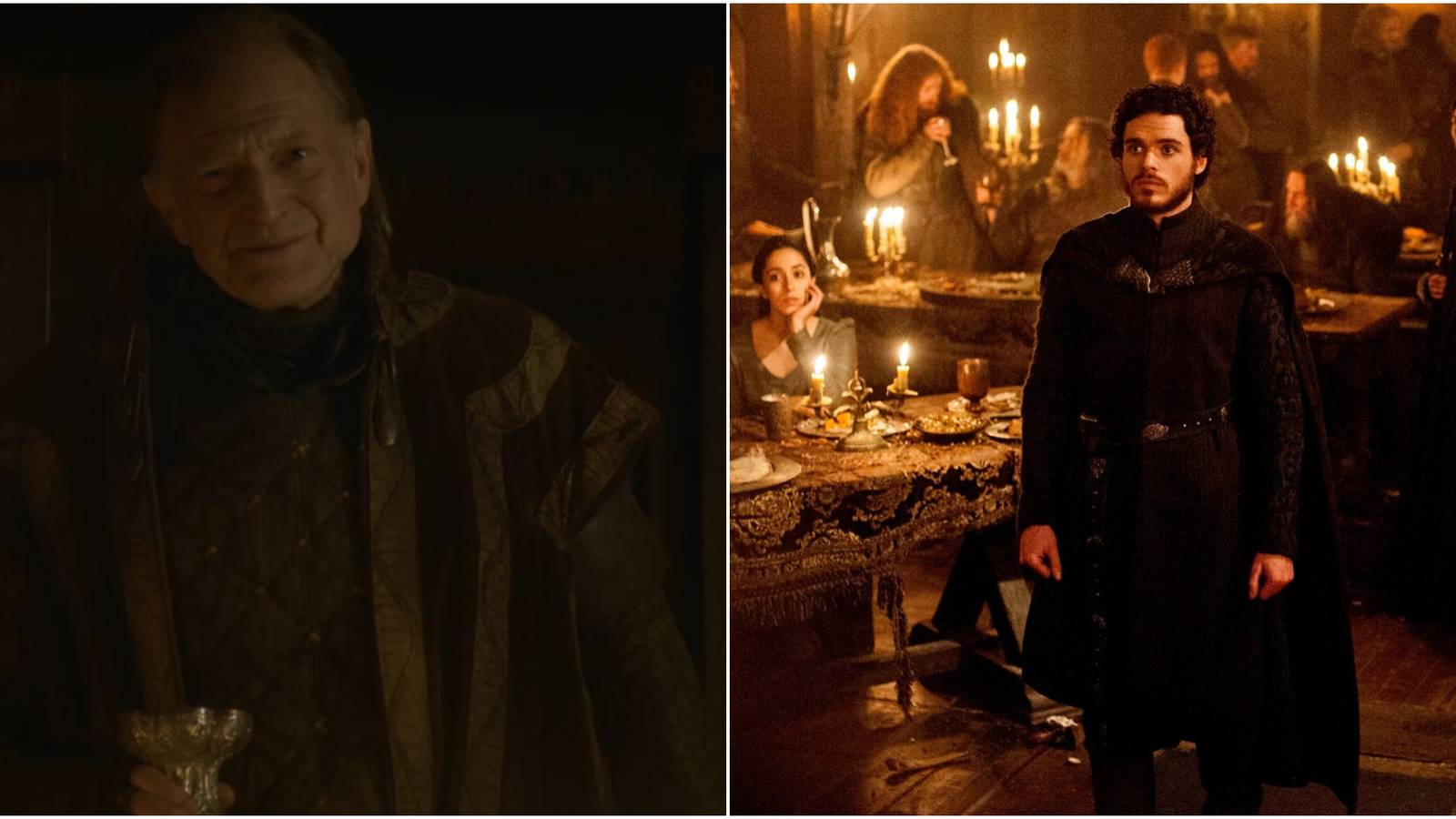 Split image of Walder Frey and Talisa Catelyn and Robb Stark at the Red Wedding in Game of Thrones.