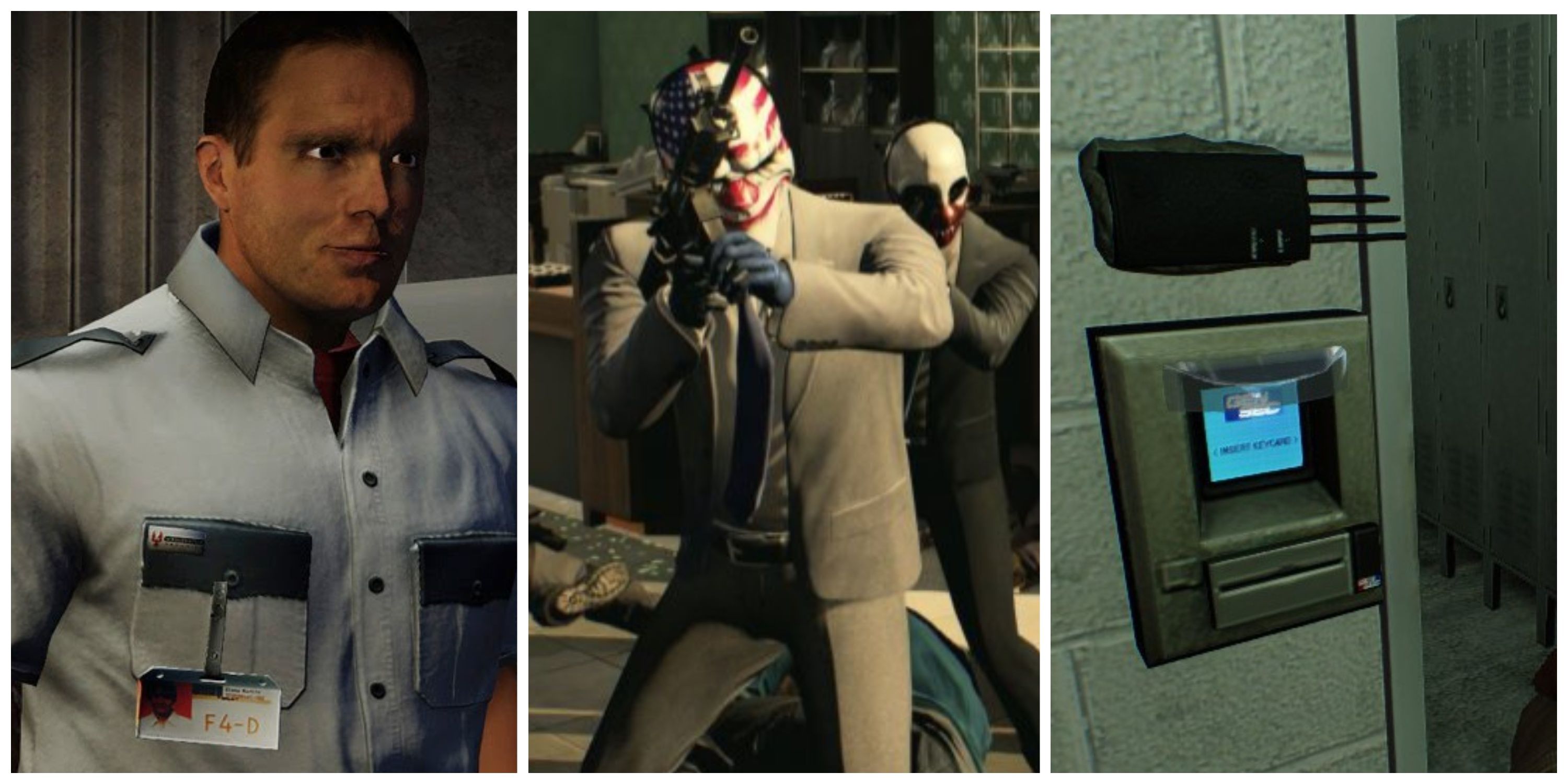 payday 2 guard, dallas and wolf with silenced weapons, ecm on a door