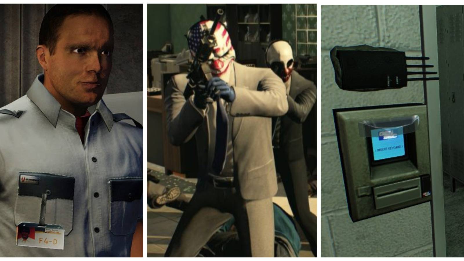payday 2 guard, dallas and wolf with silenced weapons, ecm on a door