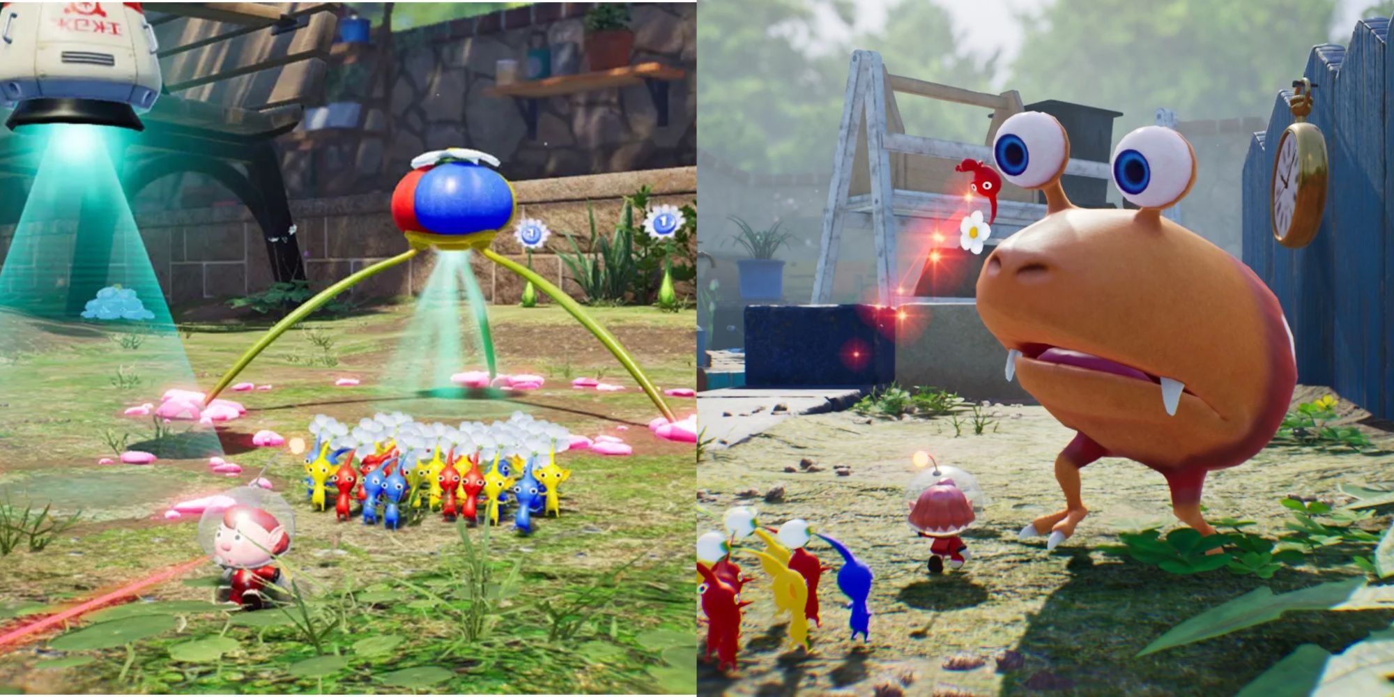 Images depicting Pikmin encountering a Bulborb on the right and follow the main player on the left.