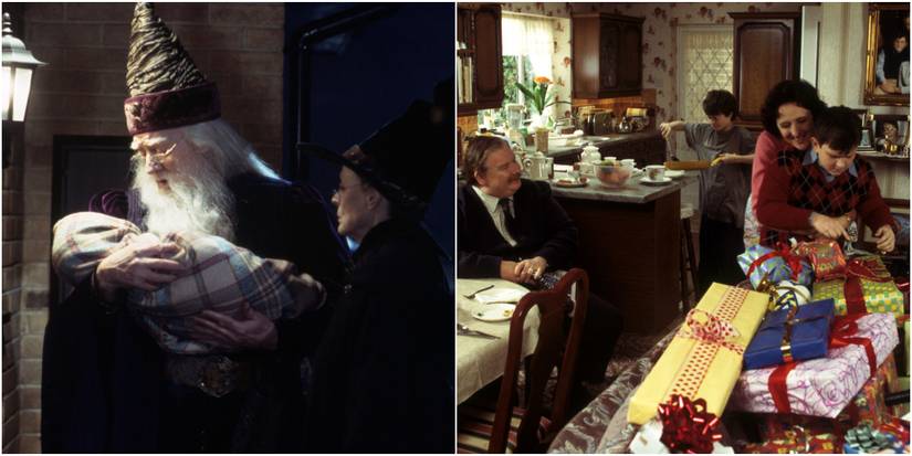 Split image of Albus Dumbledore Minerva McGonagall with infant Harry Potter and the Dursleys in Harry Potter.