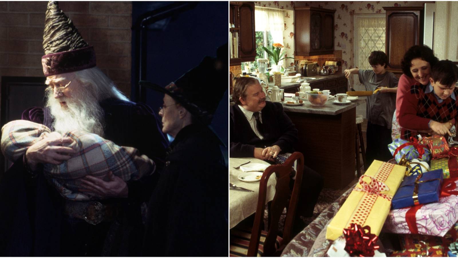 Split image of Albus Dumbledore Minerva McGonagall with infant Harry Potter and the Dursleys in Harry Potter.