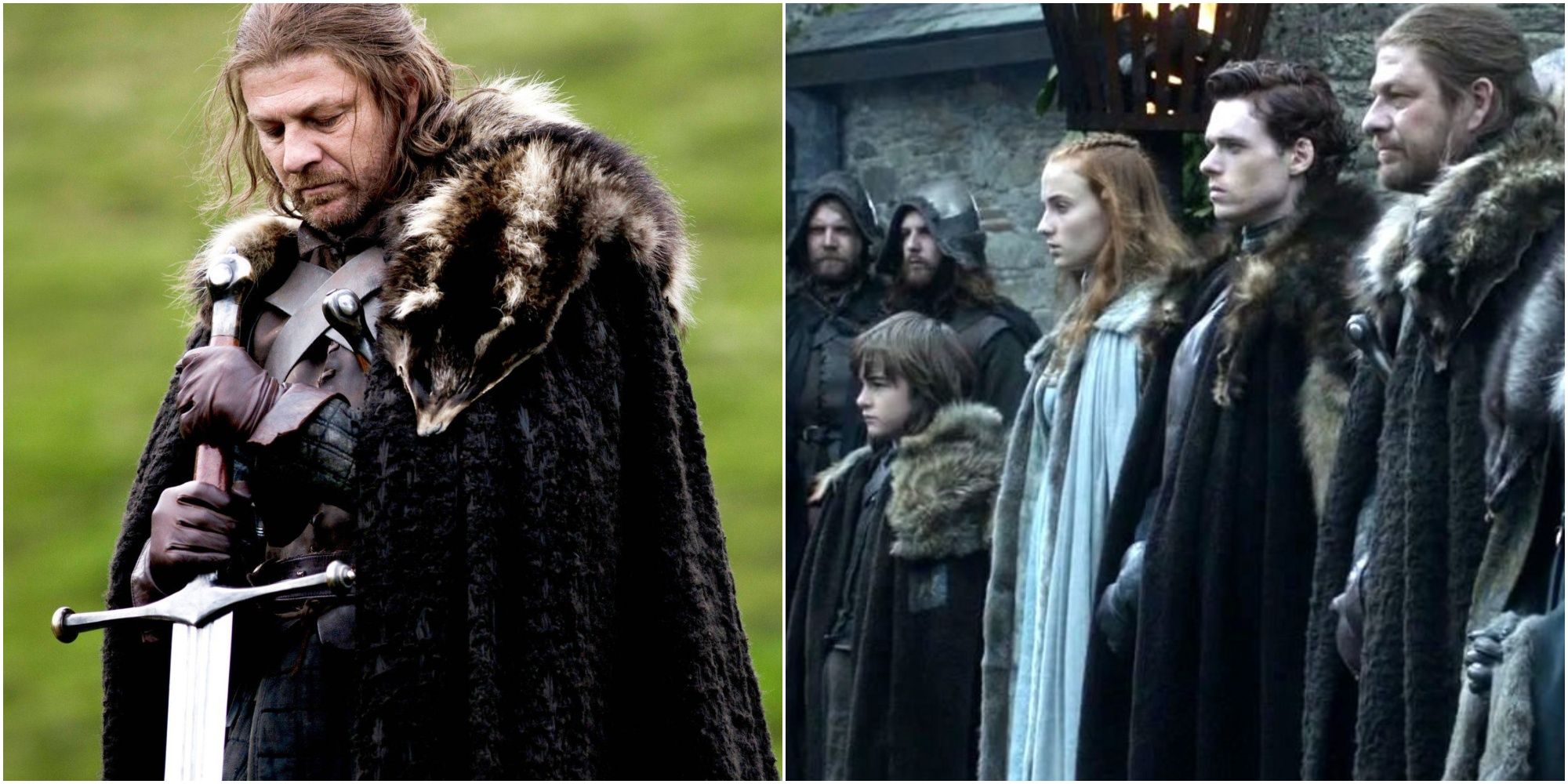 Split image showing Ned Stark and the Starks of Winterfell in Game of Thrones. 