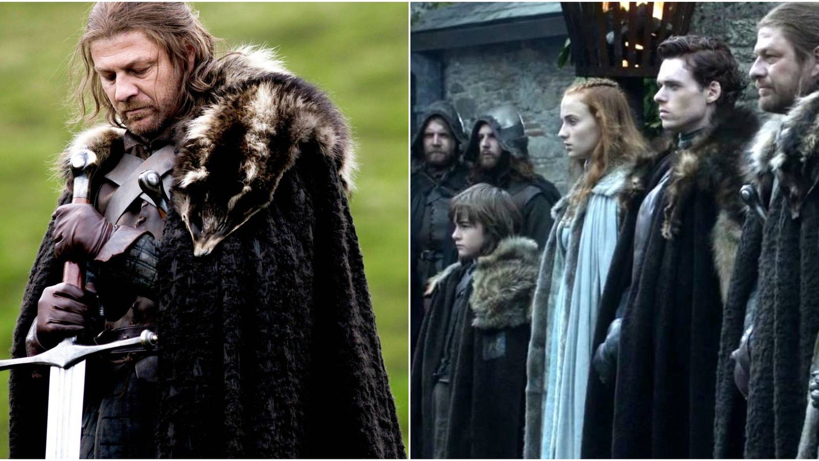 Split image showing Ned Stark and the Starks of Winterfell in Game of Thrones. 