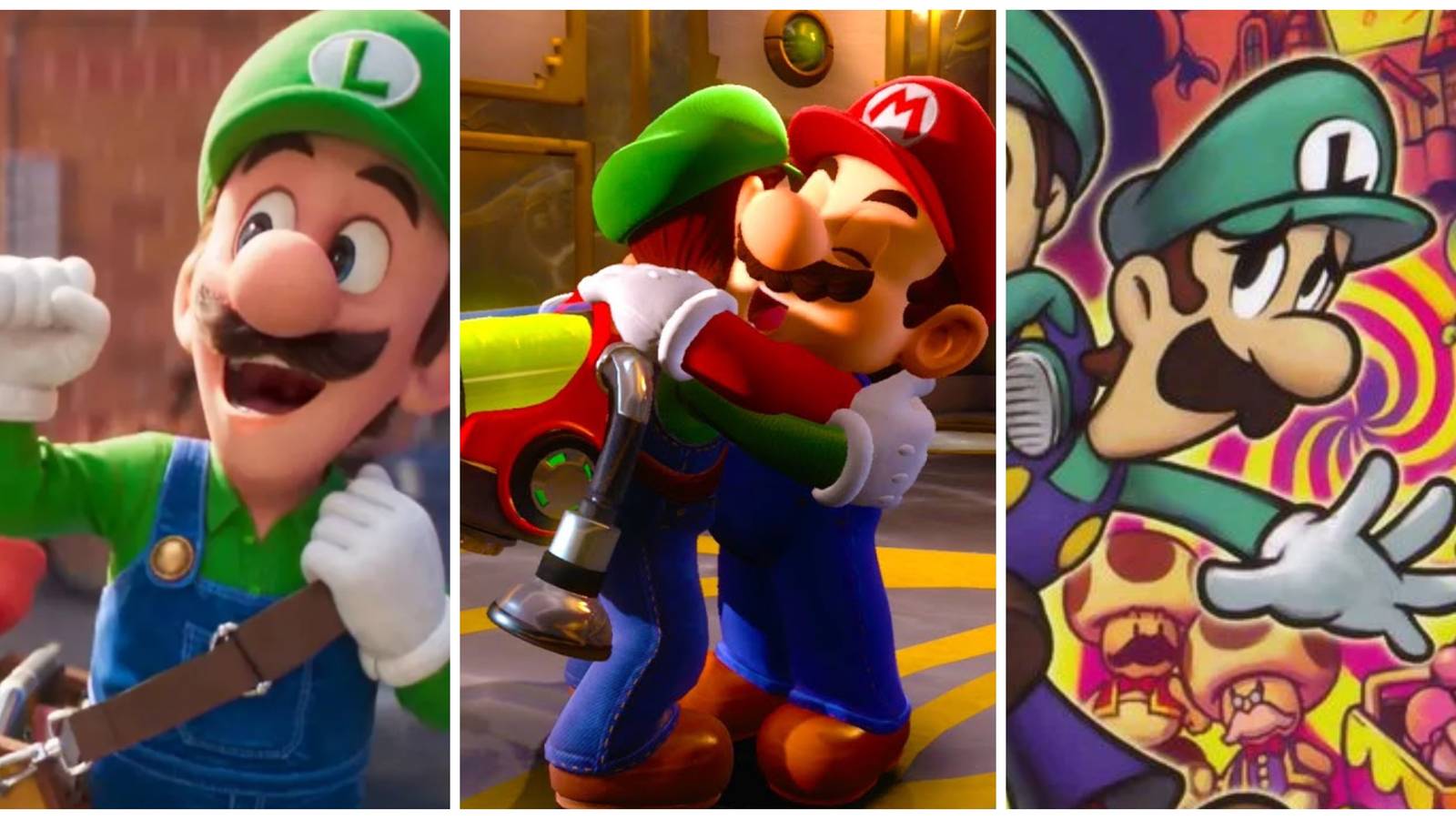 mario and luigi hugging, luigi scared with baby luigi, luigi fist bumpbing mario from mario movie