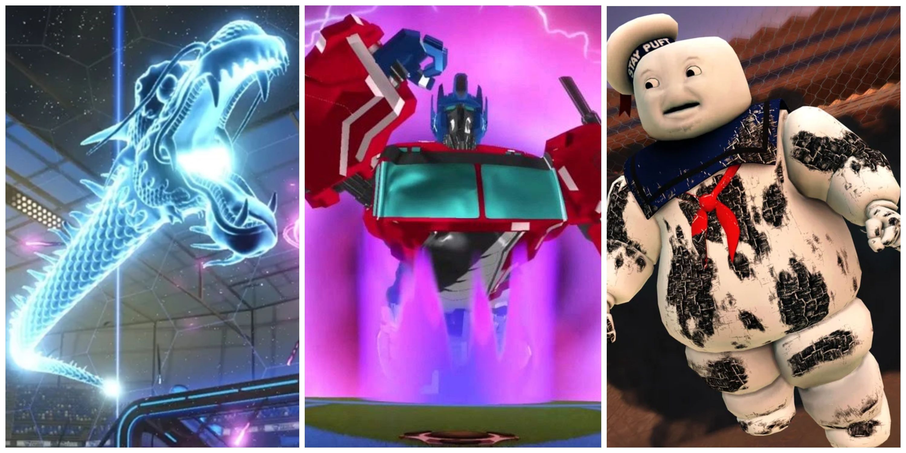 rocket league goal explosions, dual dragons, optimus prime, stay puft