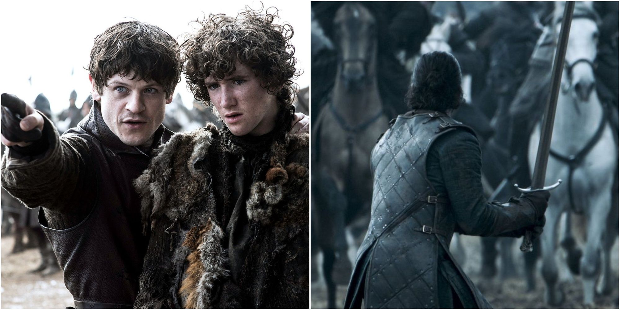 Split image of Ramsay Bolton Rickon Stark and Jon Snow from Battle of the Bastards in Game of Thrones.