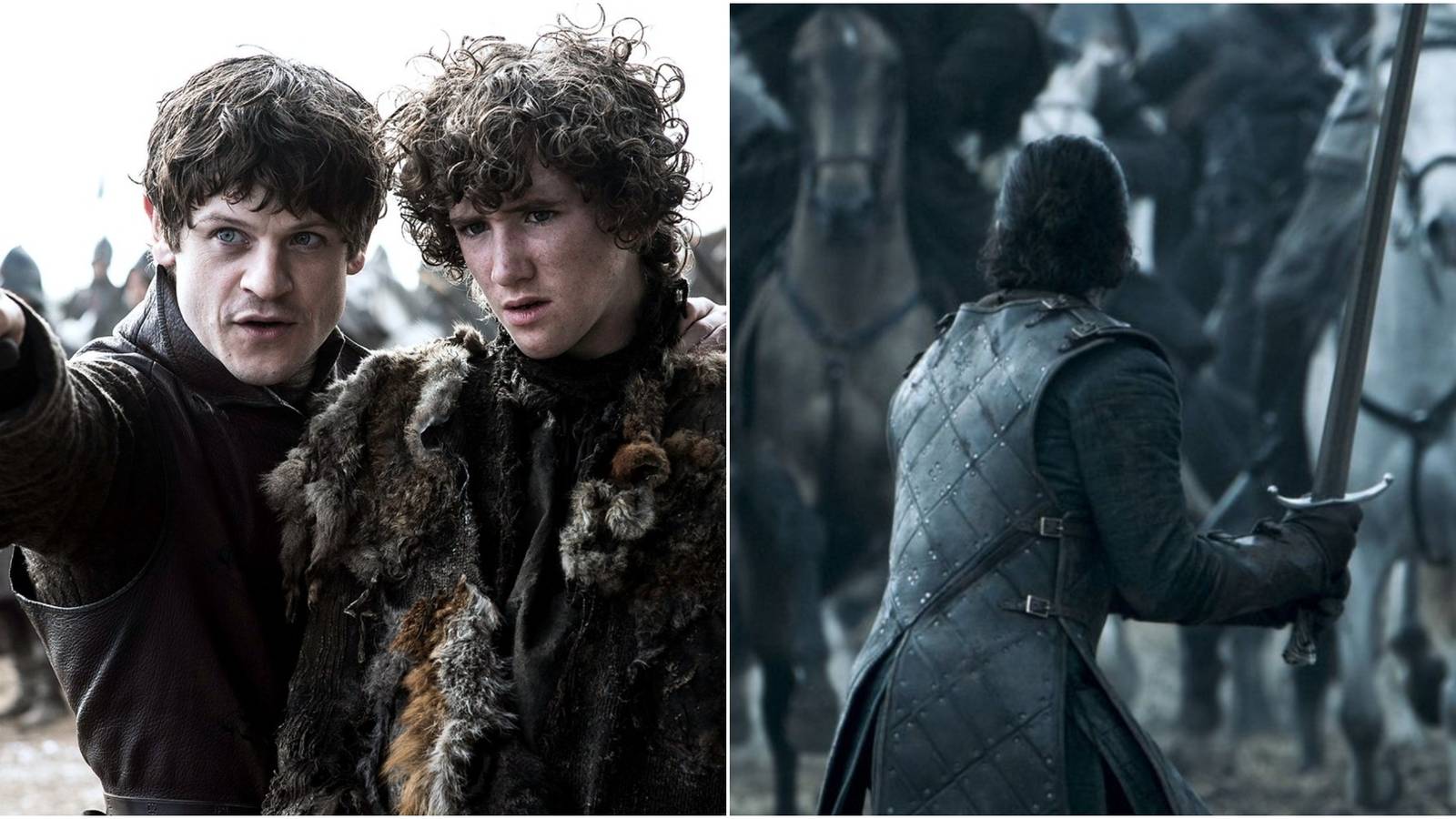Split image of Ramsay Bolton Rickon Stark and Jon Snow from Battle of the Bastards in Game of Thrones.