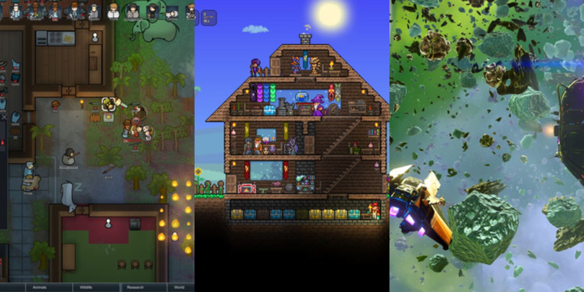 A collage showing gameplay from Rimworld, Terraria, No Man's Sky.