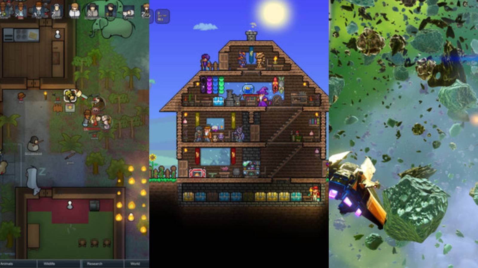 A collage showing gameplay from Rimworld, Terraria, No Man's Sky.